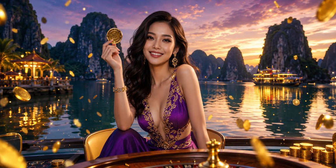 Phong cảnh vịnh Hạ Long với người dùng xem kết quả xổ số và giải thưởng trực tuyến trên điện thoại