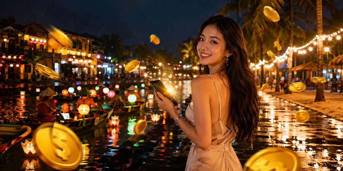 Người chơi tại Hội An mở ứng dụng casino trên điện thoại, phía sau là phố cổ lung linh đèn lồng