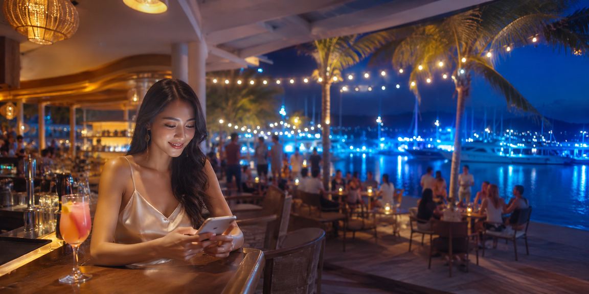 Người chơi tại Phú Quốc theo dõi pool Jackpot lũy tiến trên điện thoại tại bãi biển buổi chiều tối