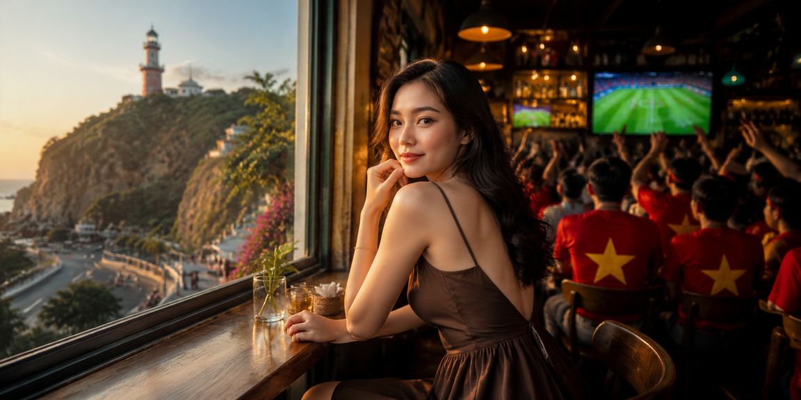 Người dùng tại Vũng Tàu ngồi uống cà phê buổi sáng và kiểm tra ứng dụng 7650 trên điện thoại